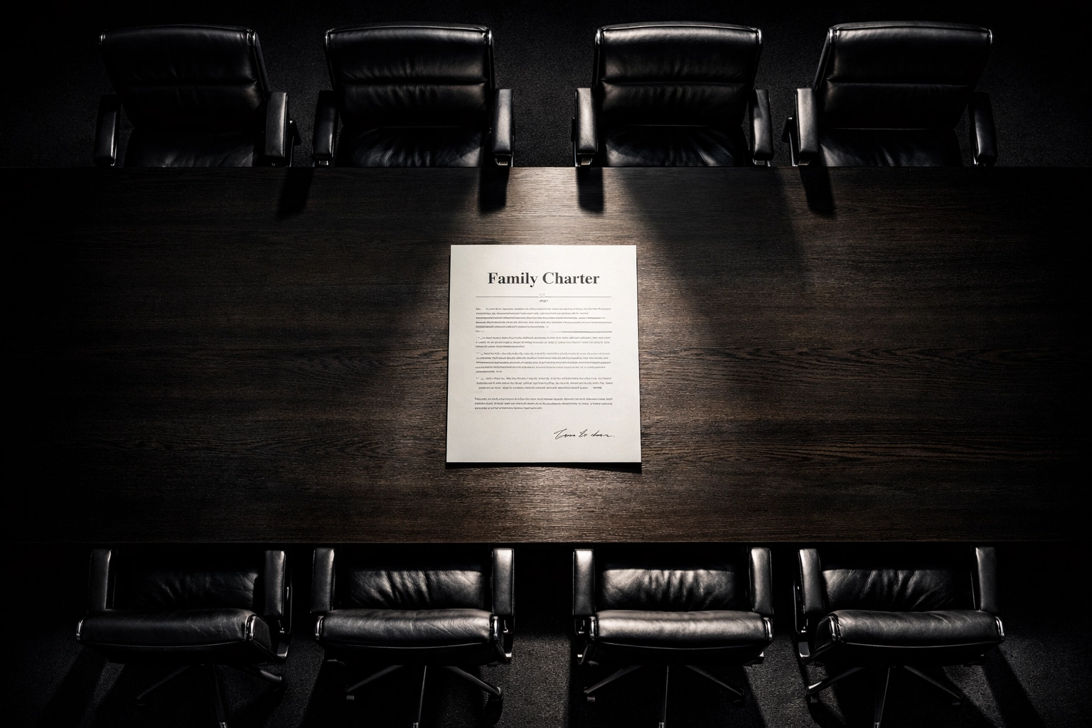 Family charter document on boardroom table representing governance structure