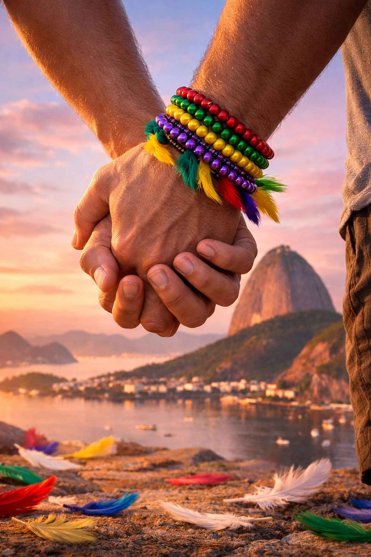 Hands intertwined with Carnival bracelets against Rio's Sugarloaf Mountain - MM romance connection