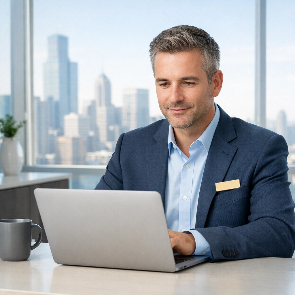 Hotel professional analyzing direct booking engine ROI and performance on a modern laptop.