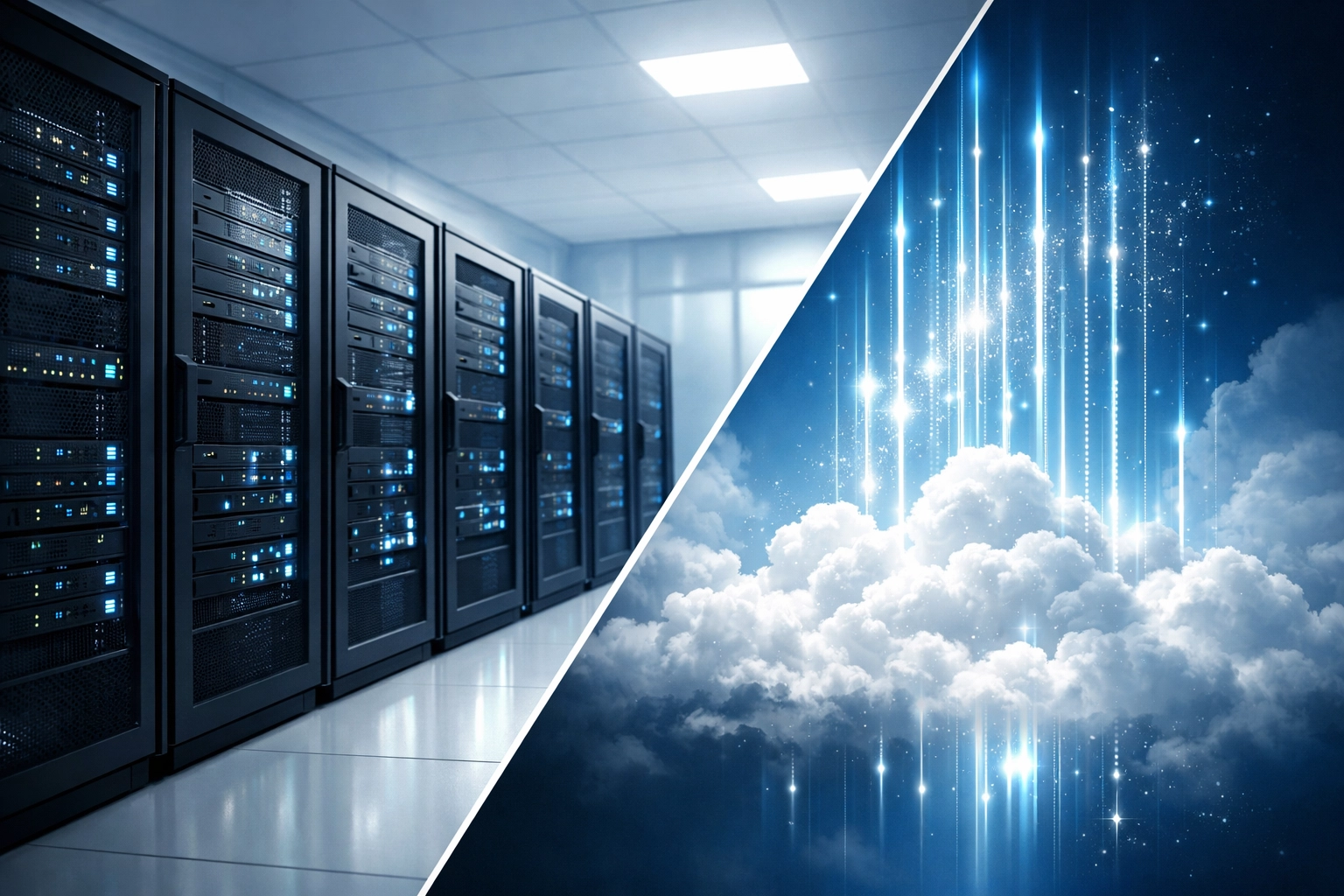 Server room with on-premises infrastructure transitioning to cloud computing visualization