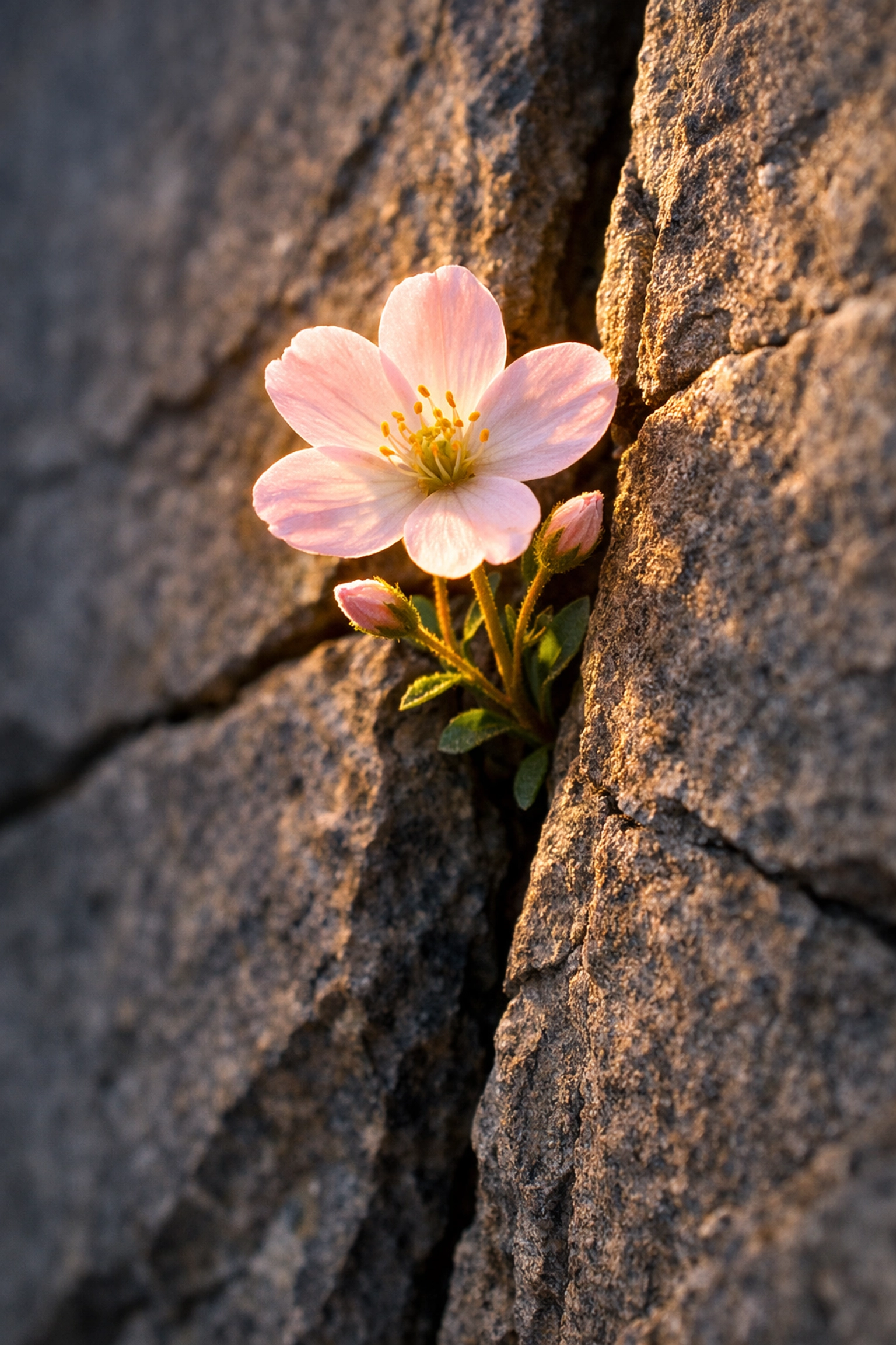 A delicate wildflower growing through a stone crack, representing resilience and vulnerability in the healing process.