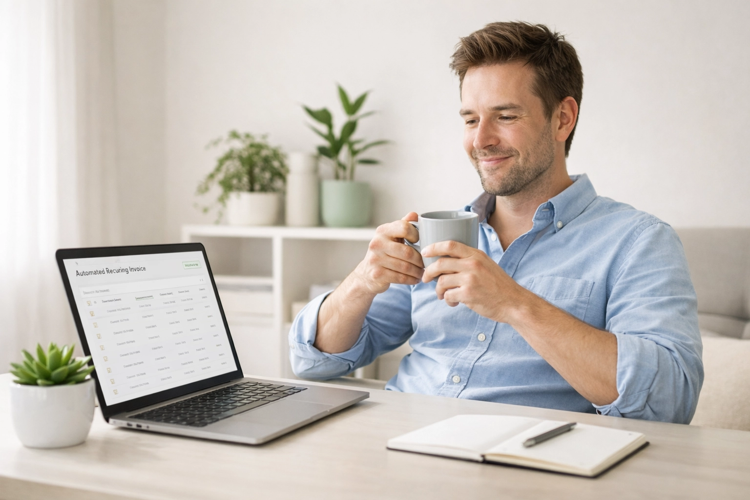 Entrepreneur at a desk showing the peace of mind from automated recurring bookkeeping invoices.