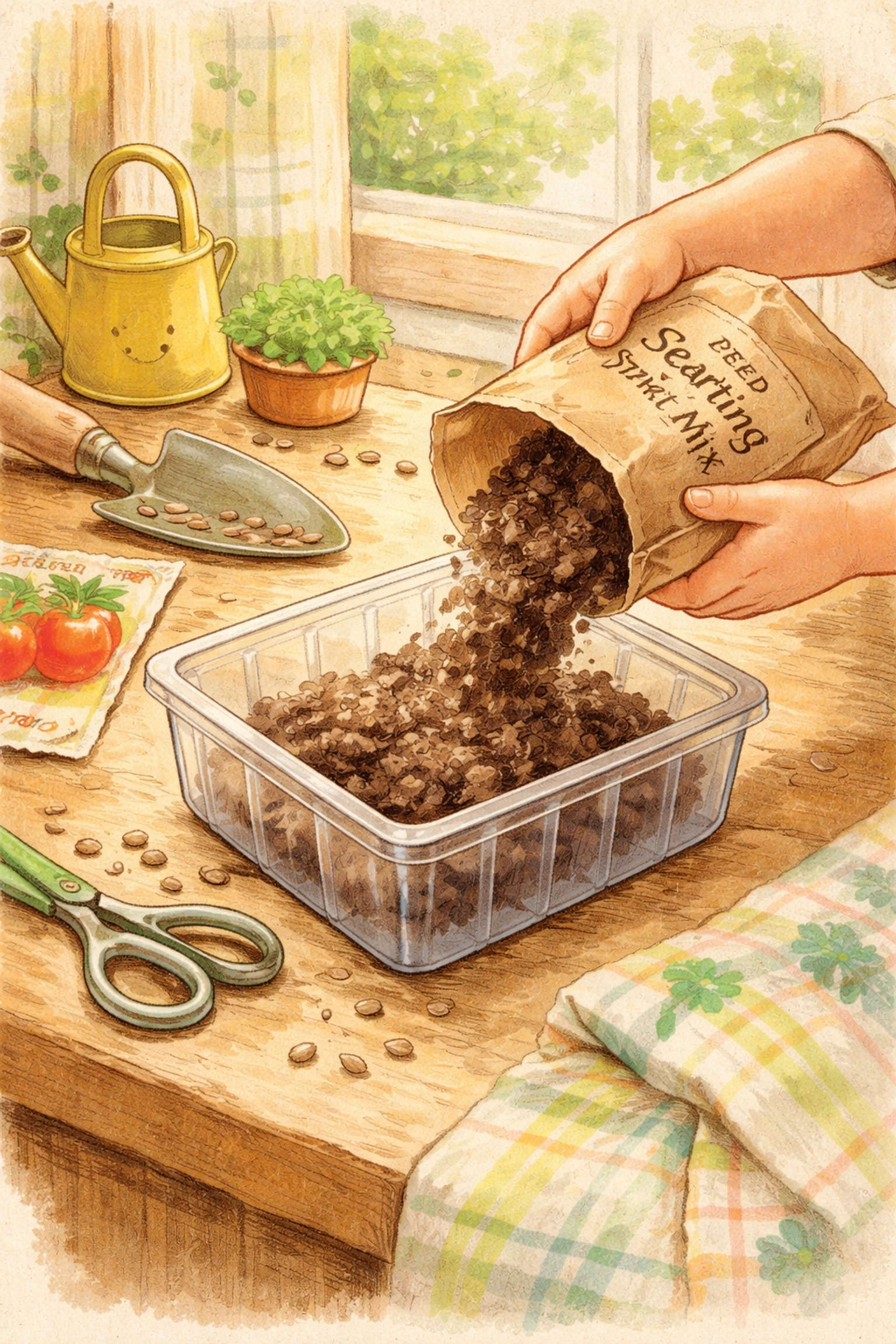 Child’s hands adding seed-starting soil to a clear plastic container for a family mini greenhouse activity