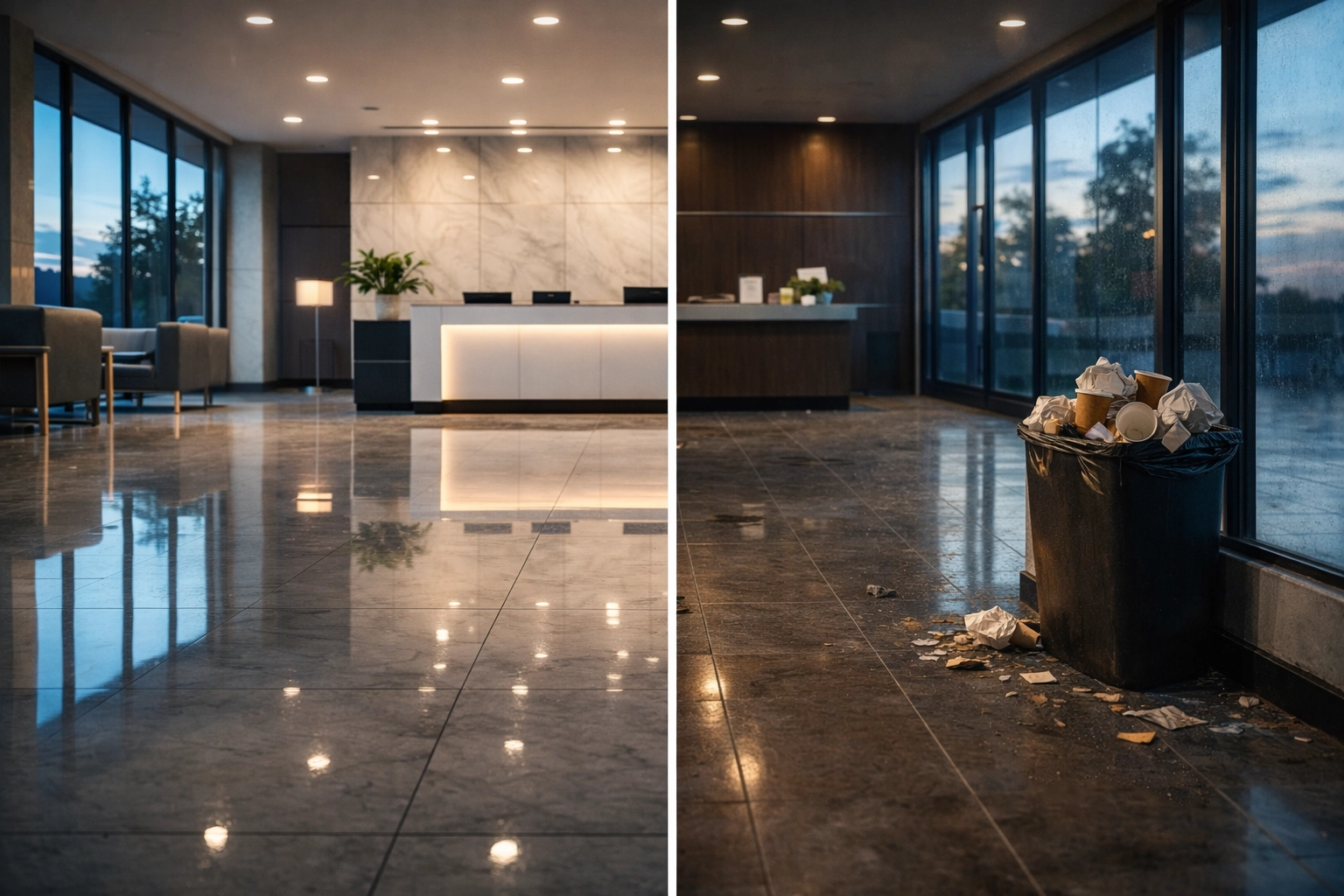 Comparison of clean versus neglected office lobby in Bergen County showing quality difference