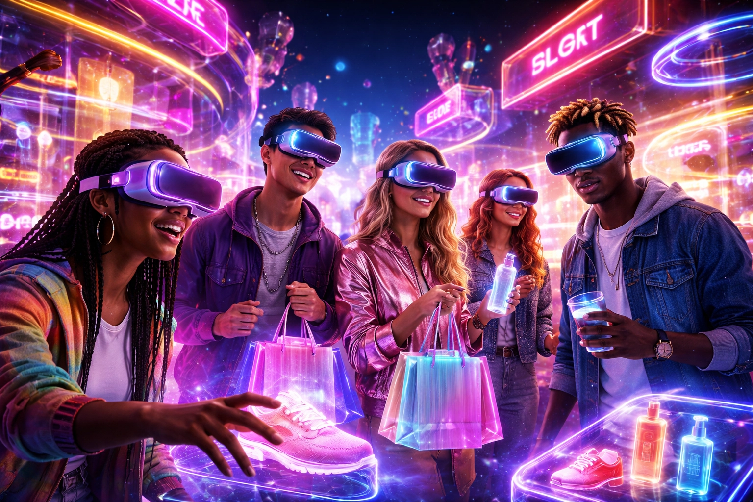 Gen Z shoppers using VR headsets in a vibrant metaverse store with crypto payment options