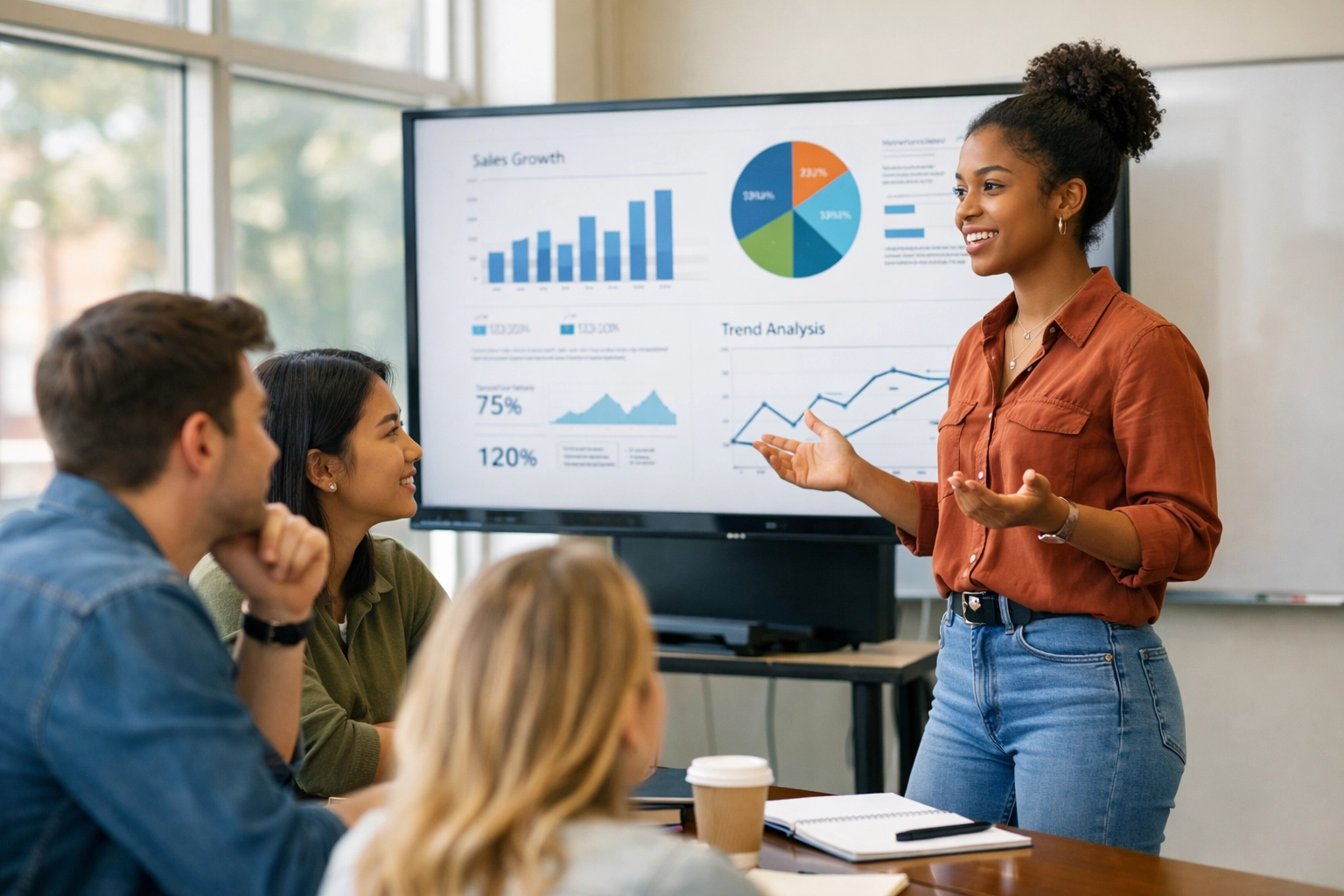 Student presenting data analytics project to classmates in technology classroom