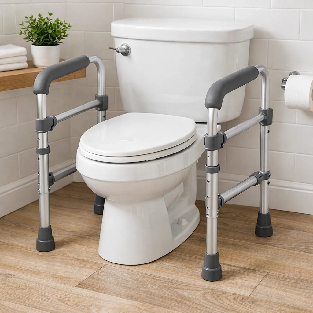 Ergonomic toilet safety frame with non-slip handles to assist with sitting and standing in the bathroom.