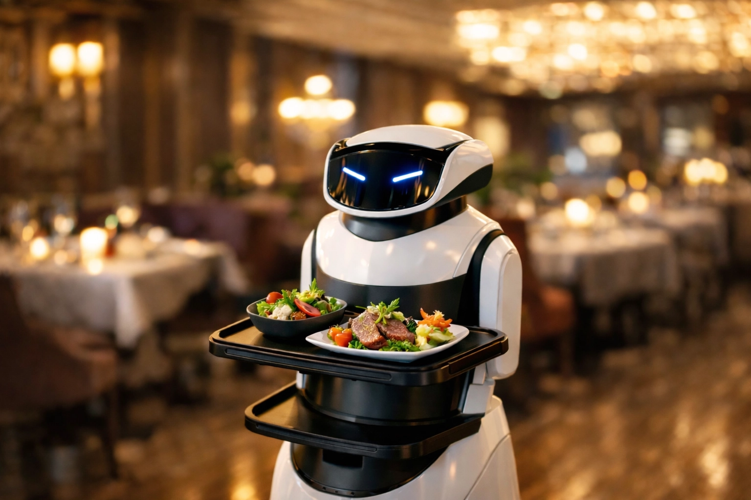 Service robot delivering plated dishes in upscale restaurant dining room