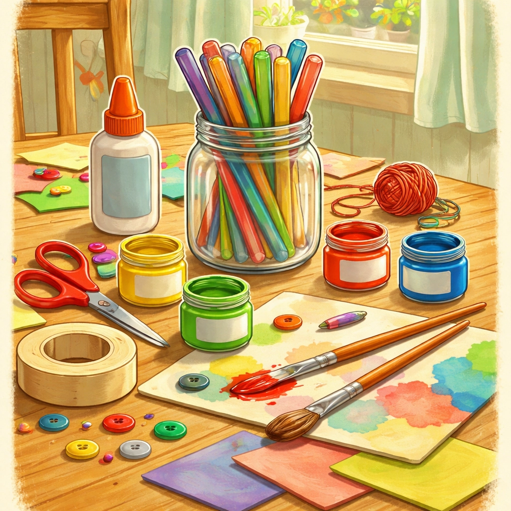 Children's craft supplies for popsicle stick puzzles, including sticks, paint, brushes, and tape on a kitchen table.