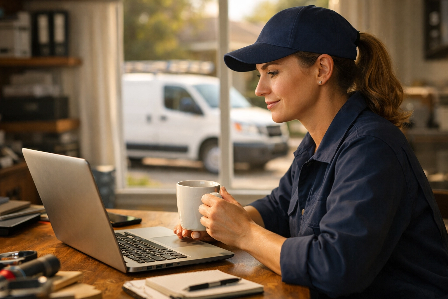 Small business owner in uniform reviewing website traffic and Google Search Console performance data.