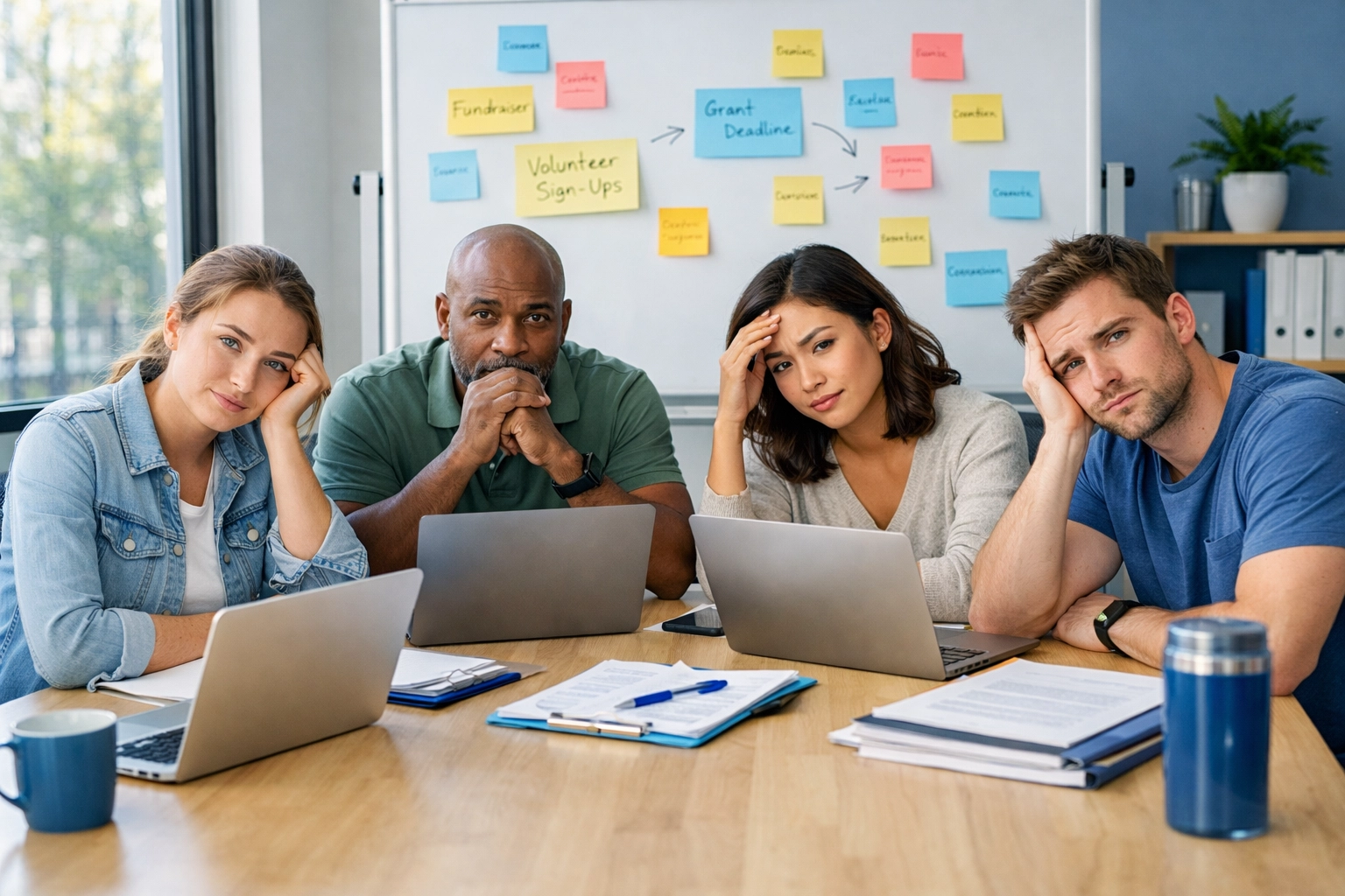 Overwhelmed nonprofit staff gathered around conference table with laptops discussing donor calling capacity