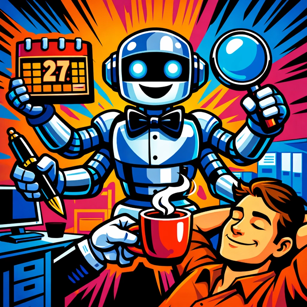 A multi-tasking robot AI assistant for small business managing schedules and office tasks efficiently.