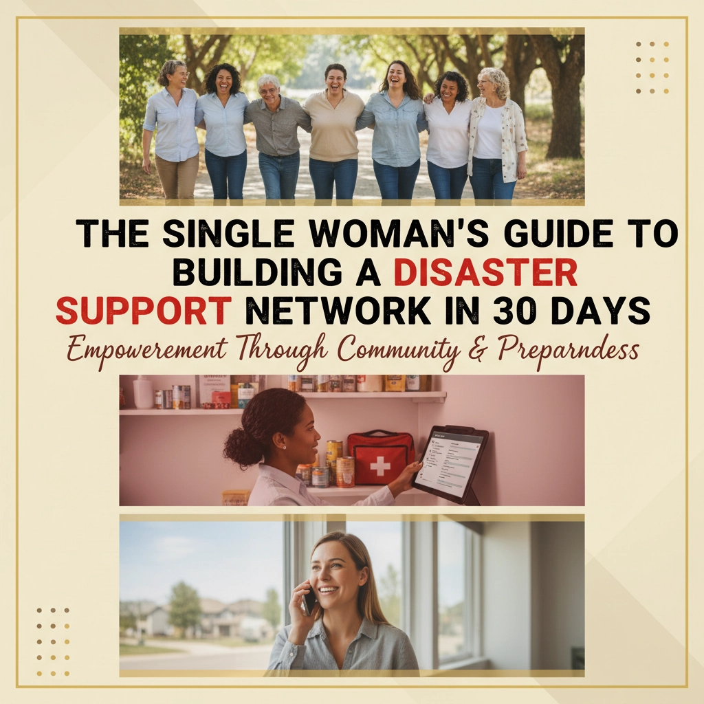 Picture with three separate images: The top image shows a diverse group of women walking together through a park with their arms across each other's shoulders. The middle image is of a woman looking at a checklist, and there is a first aid kit on the shelf behind her. The bottom image is of a woman talking on the phone next to a window. Solo & Safe: A Simple, 30-Day Plan to Build Your Disaster Network