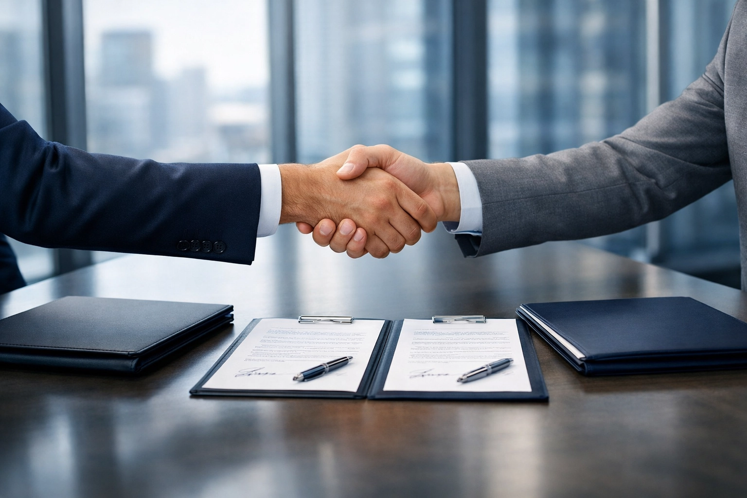 Successful business sale negotiation with handshake and closed deal documents