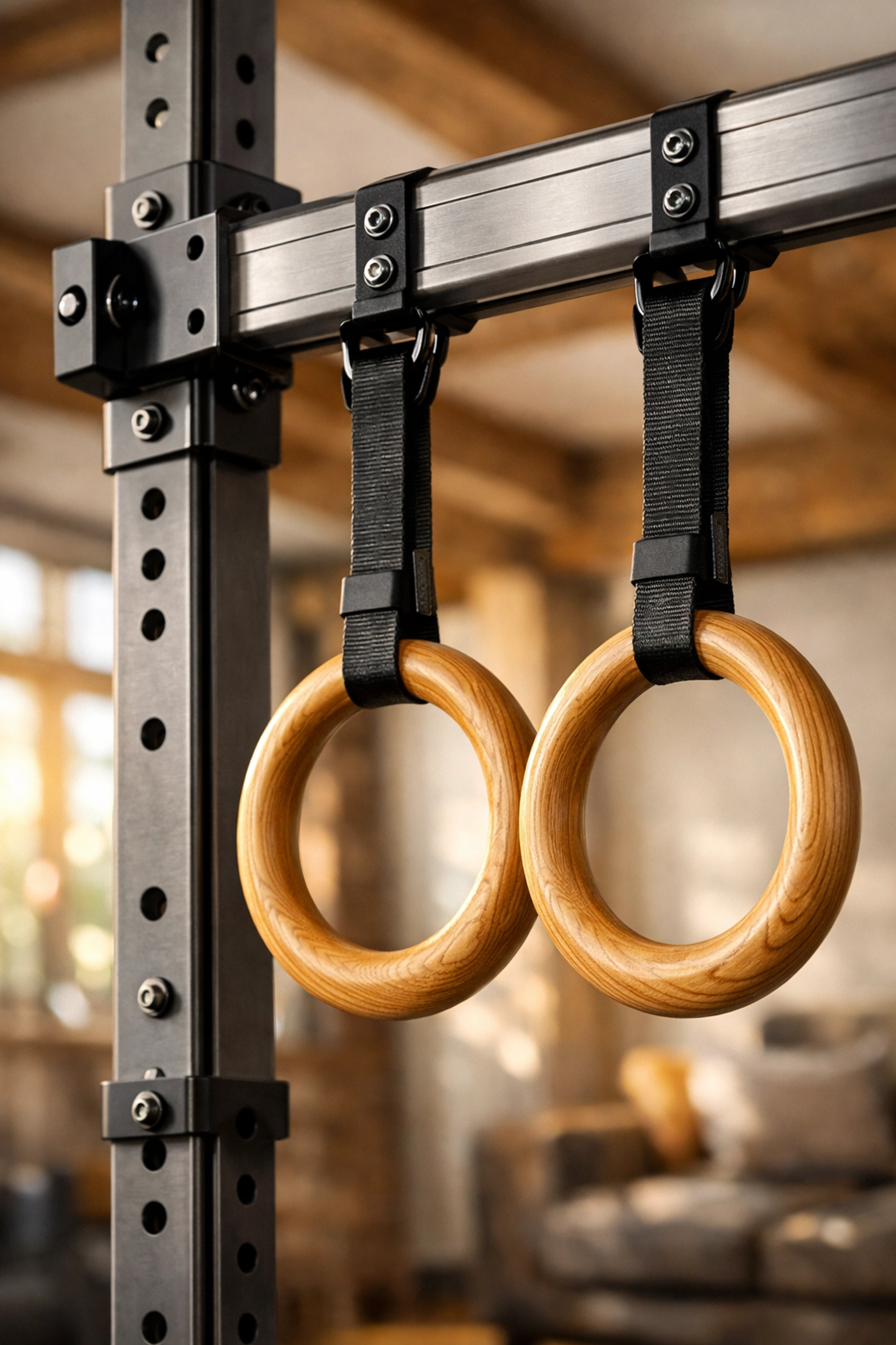 Professional gymnastic rings hanging from a floor to ceiling vertical home gym rail system.