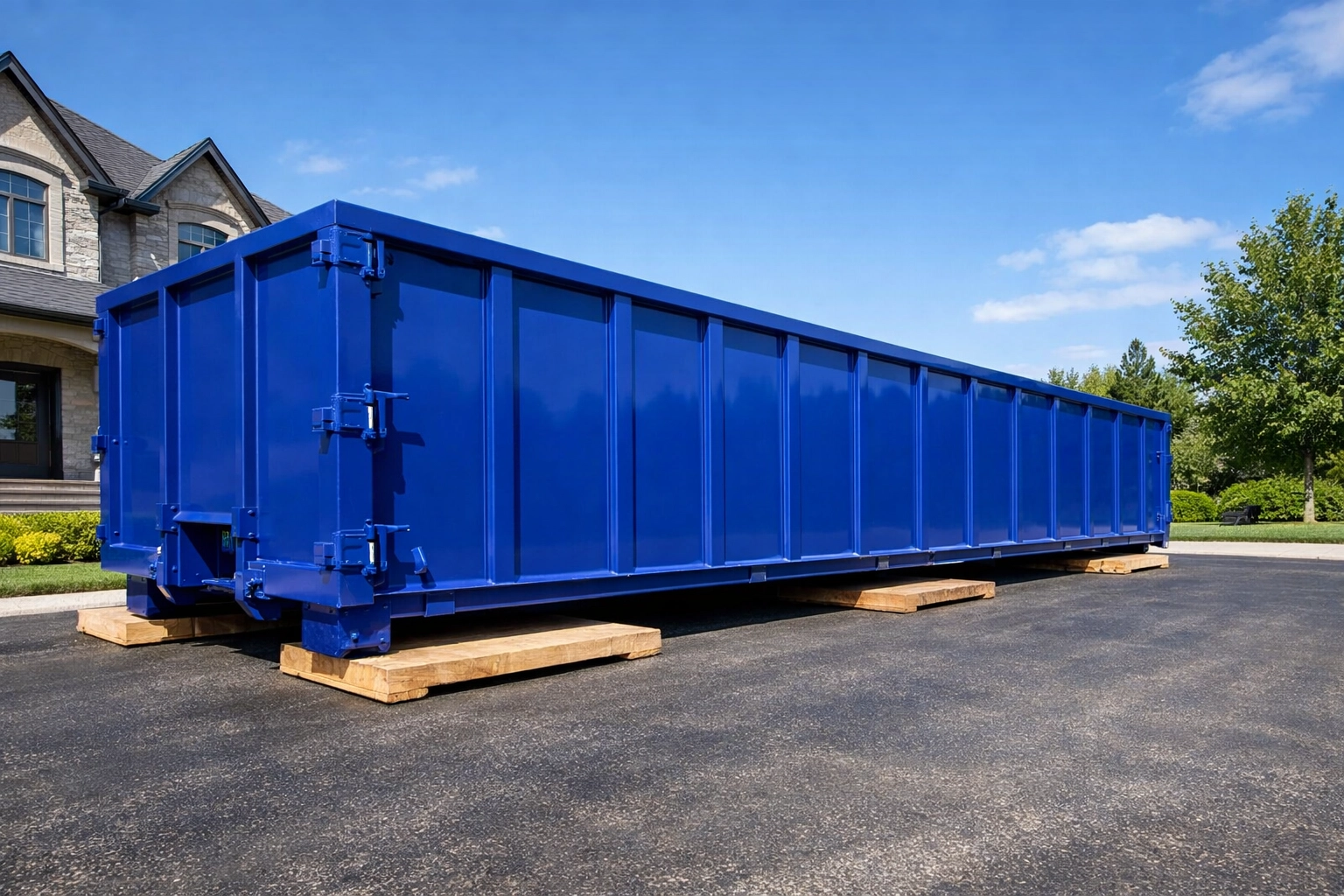 40-yard roll-off dumpster on a clean Vaughan driveway with protective planks for heavy waste disposal.