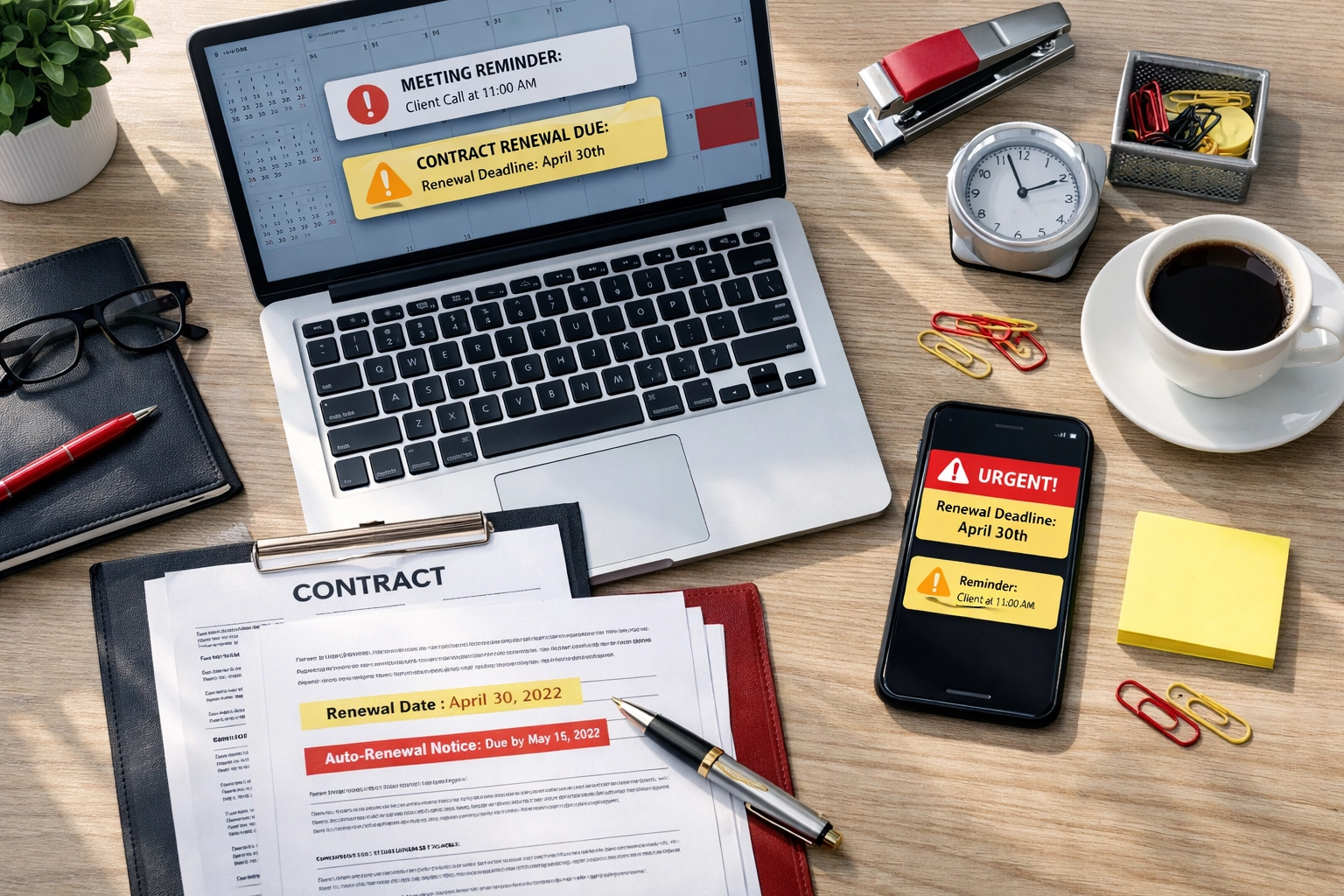 ServiceNow contract management desk with renewal alerts and audit notification systems