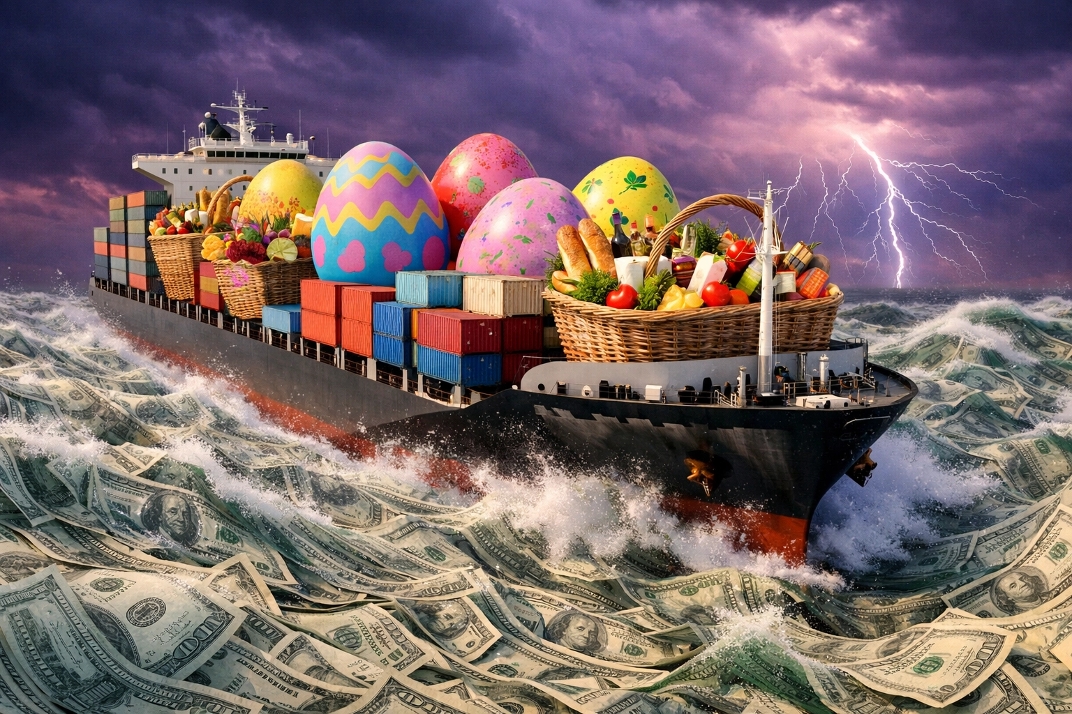 Cargo ship carrying Easter eggs on waves of dollar bills, illustrating inflation caused by global conflict.