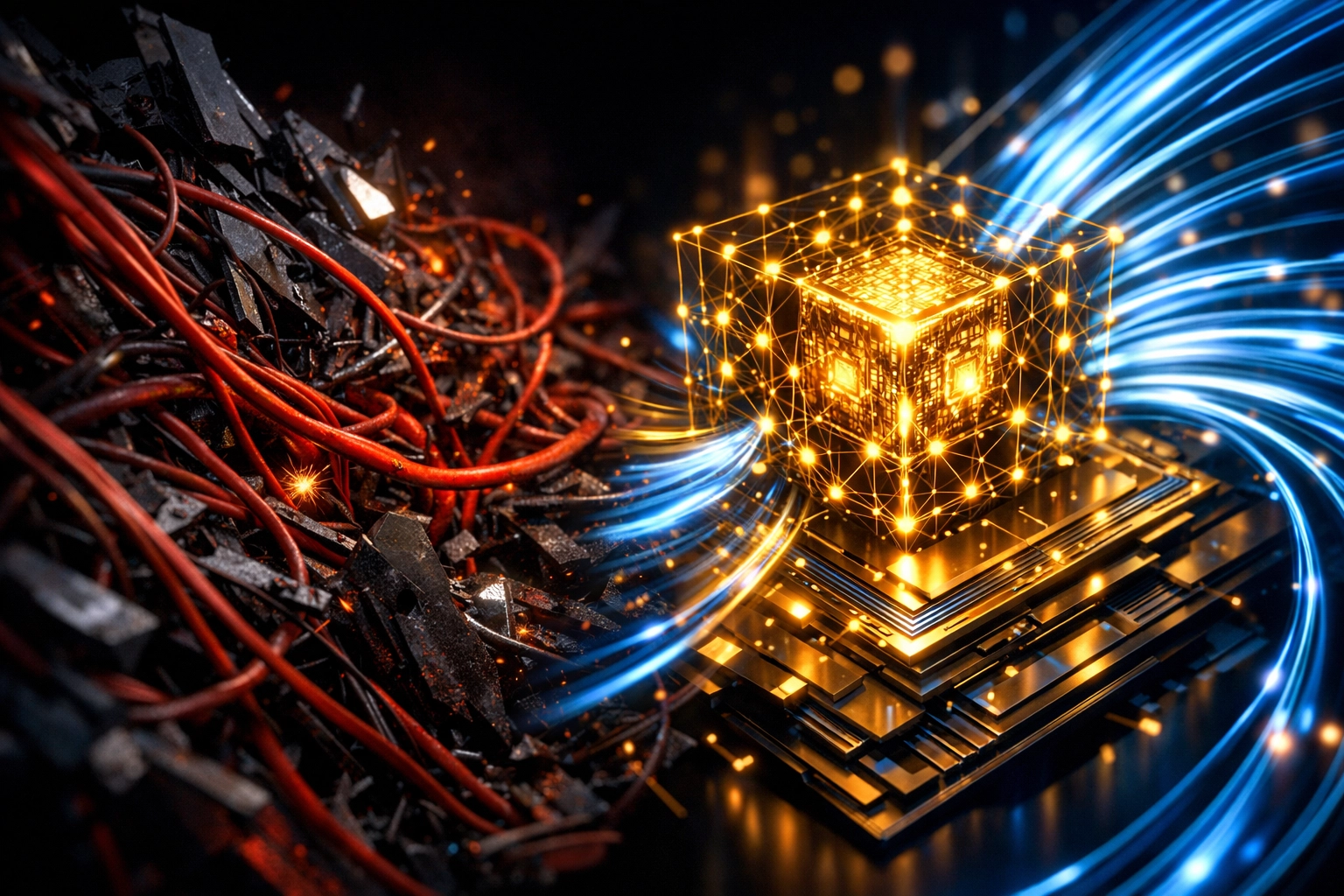 Visualization of efficient AI-powered Web3 payments replacing chaotic legacy processing systems.