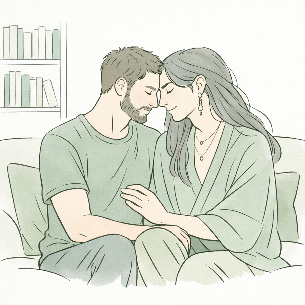 Minimalist illustration of a non-binary person and man in a tender MM romance embrace near a bookshelf.