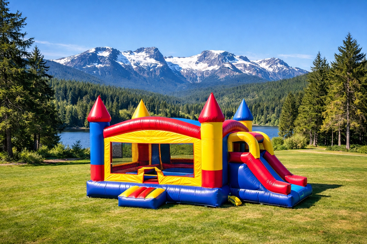 Bounce house rental at a park in Comox with views of the Vancouver Island mountains.