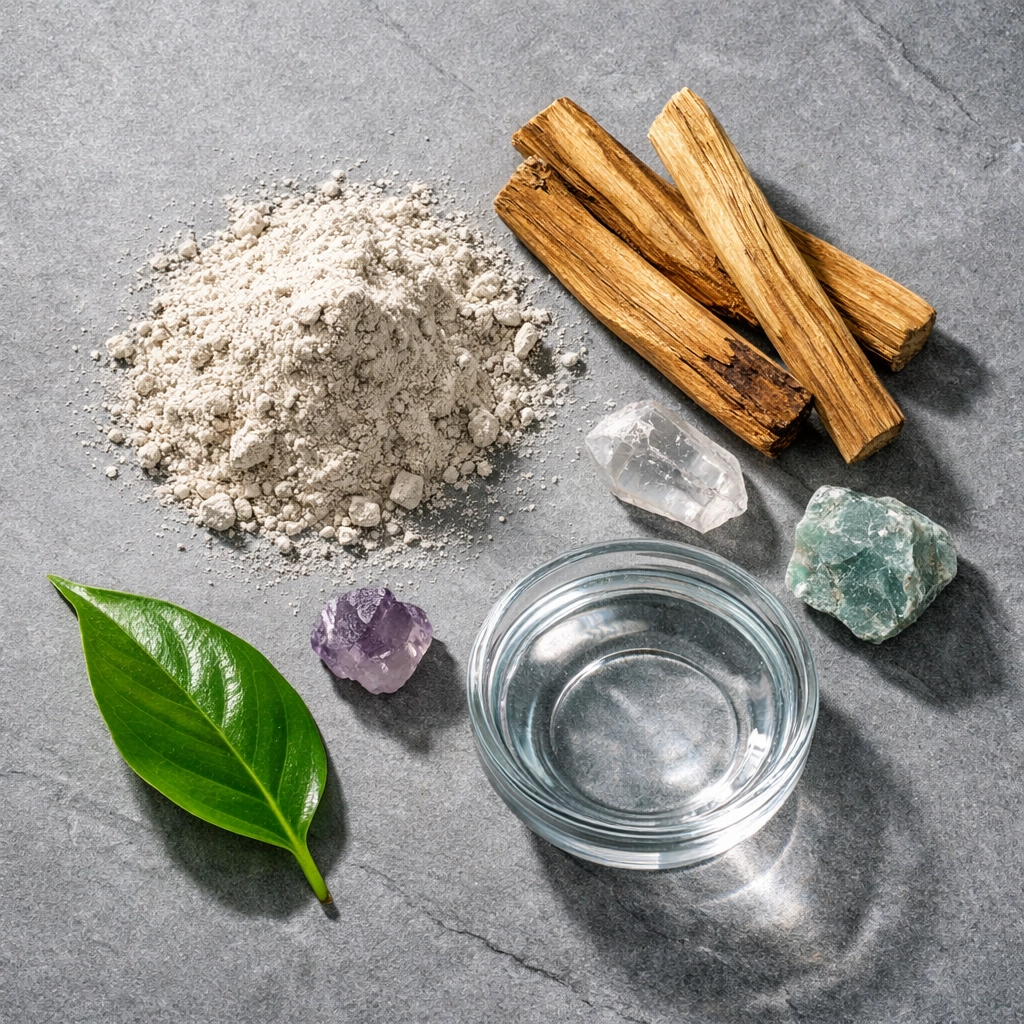 Bentonite clay and Palo Santo sticks ready for a safe and effective 67 healthy skincare ritual.