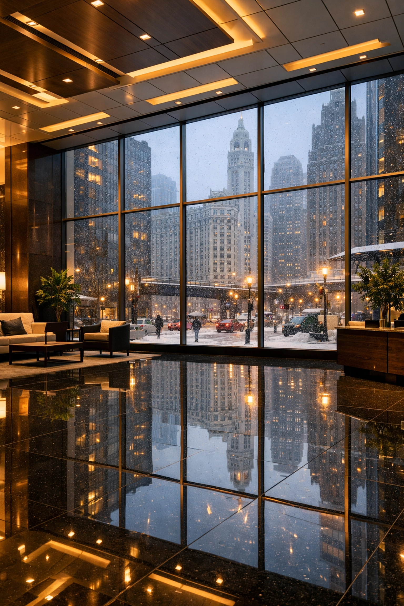 Polished granite floors in a Chicago commercial lobby, free of winter salt streaks.