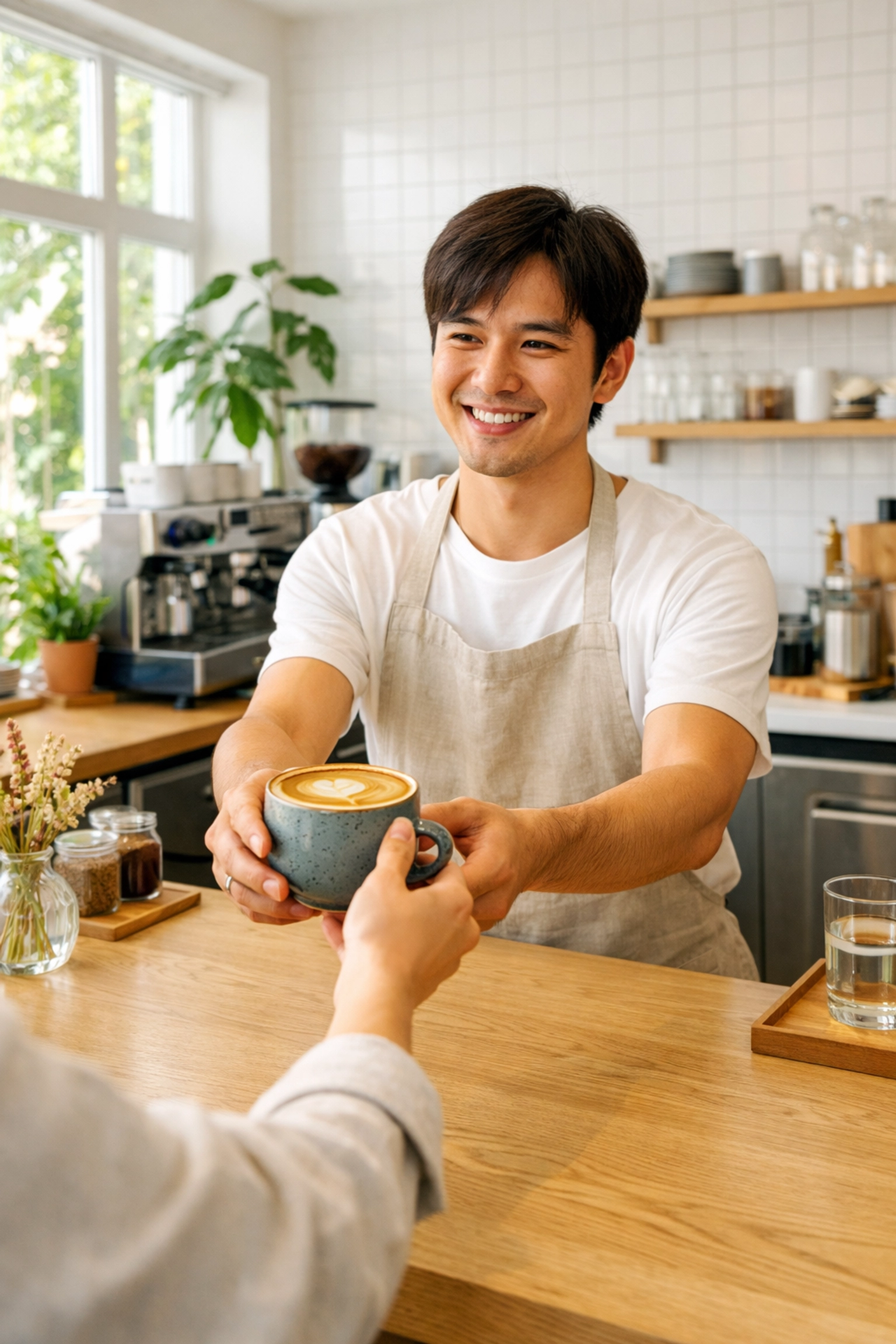 Barista serving wholesale speciality coffee in a bright, modern coffee shop with natural lighting.