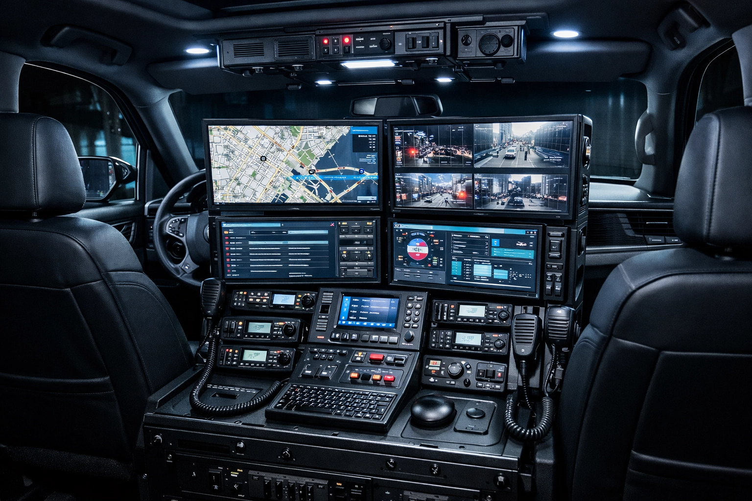 Customized municipal command vehicle interior featuring integrated electronics and command screens.