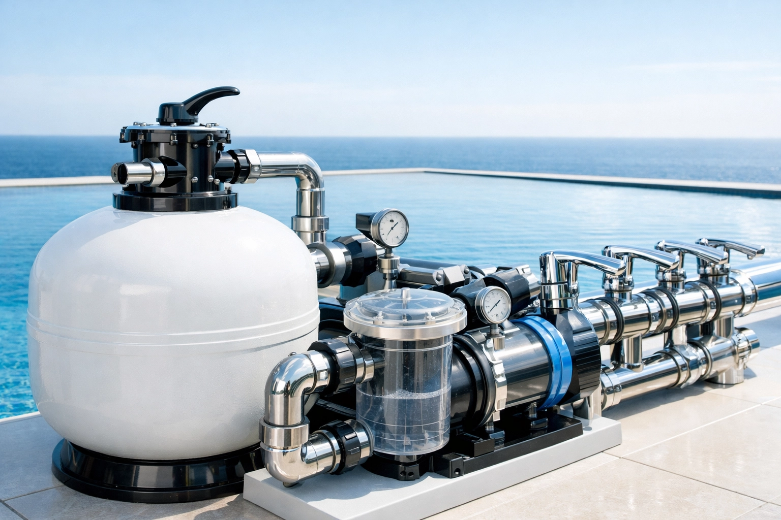 Professional pool filtration equipment at a luxury property ensuring high-value pool route operations.