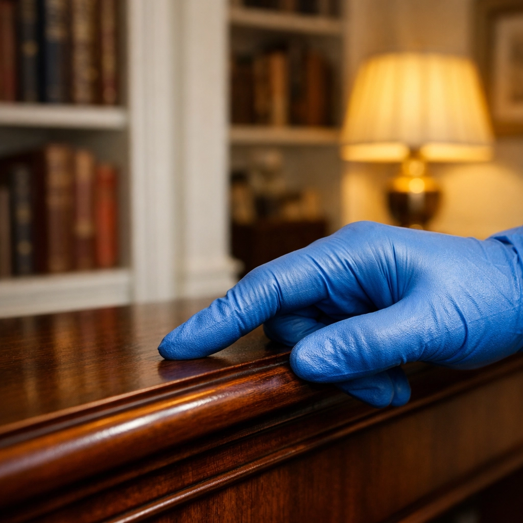 House cleaning services MA professional in Lexington performing a detailed quality check on a shelf.