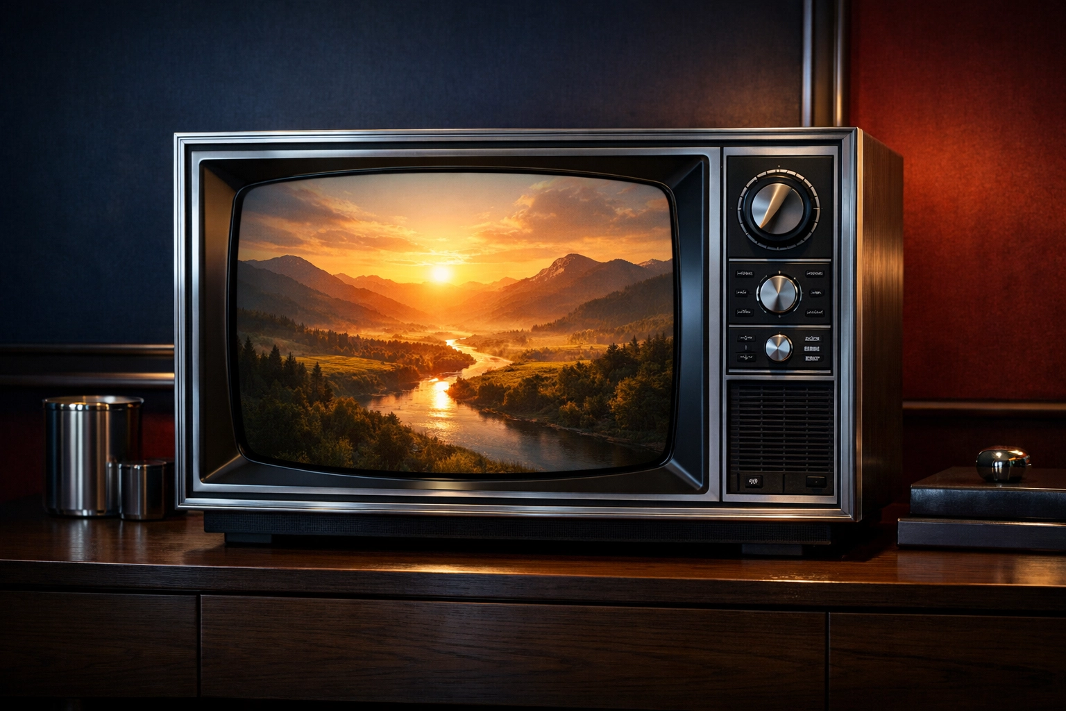 Vintage silver television showing a serene landscape, symbolizing a biblical filter for world news events.