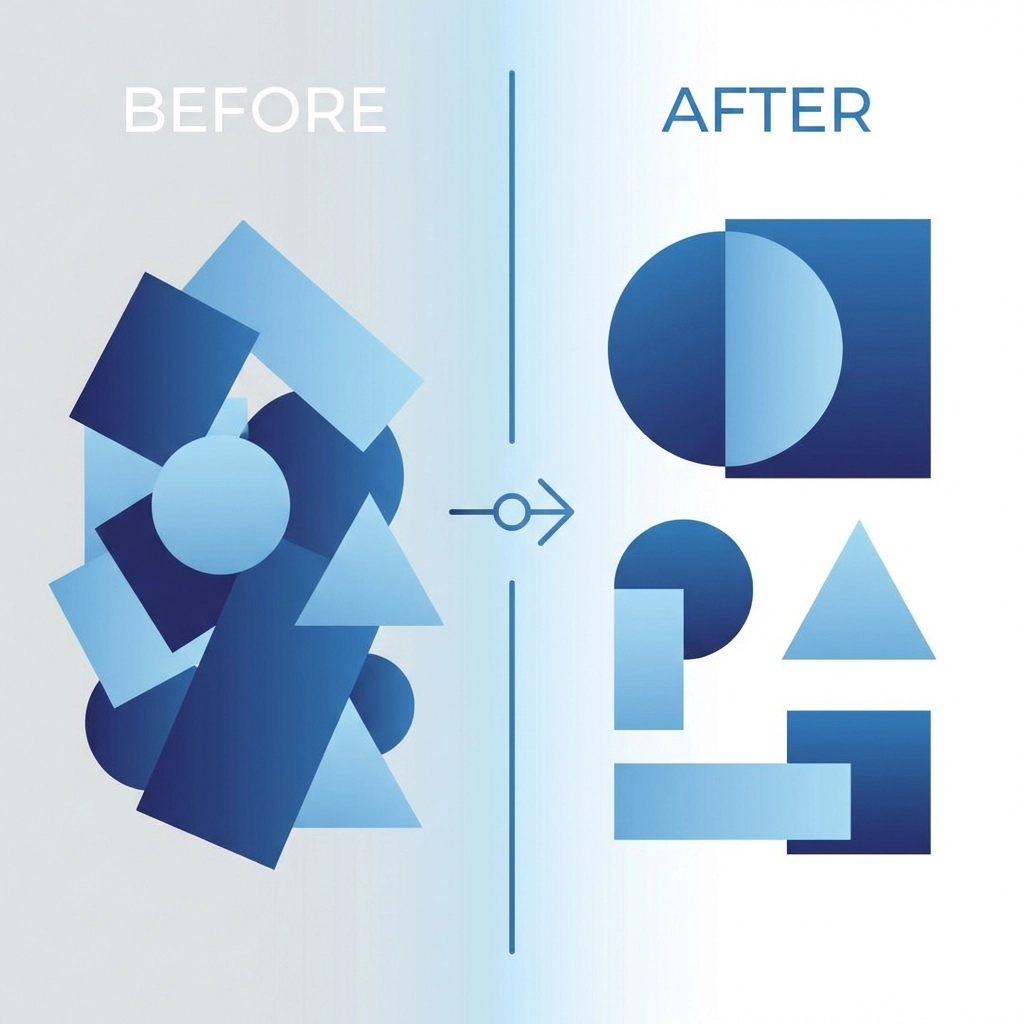 Split-screen illustration showing cluttered versus organized website design with clear visual hierarchy