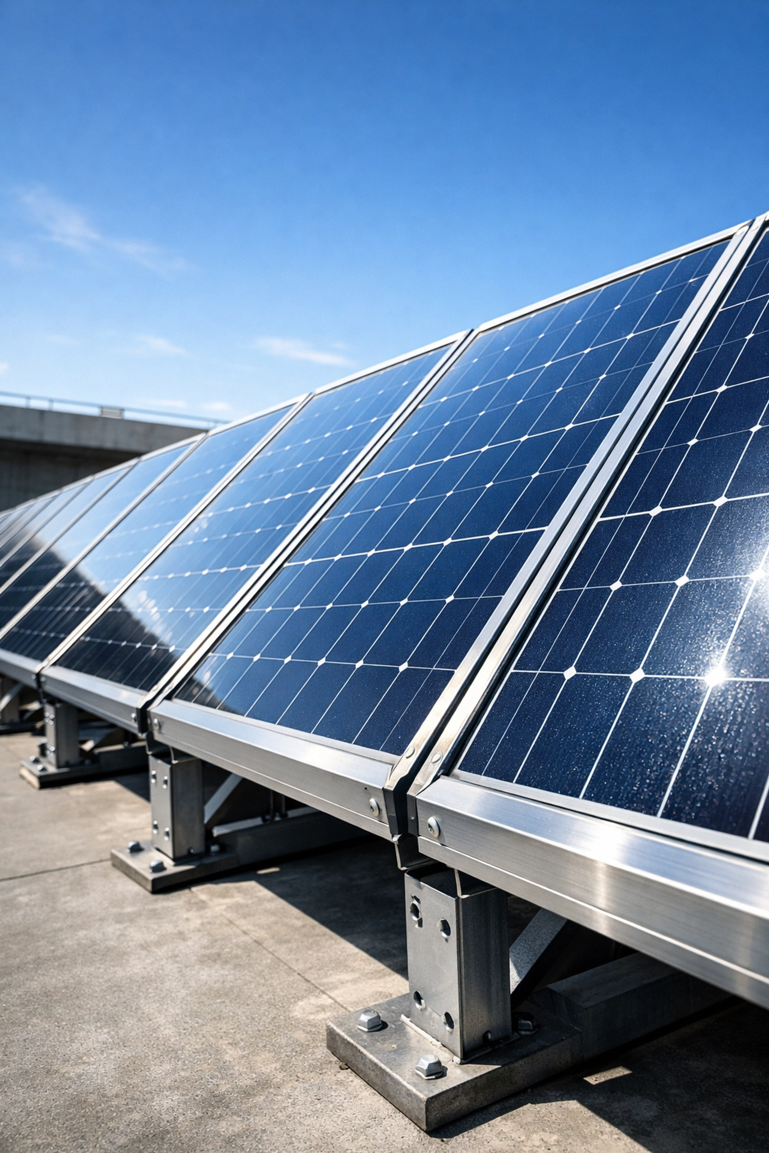 Close-up of high-tech commercial solar panels reflecting sunlight for maximum energy efficiency.