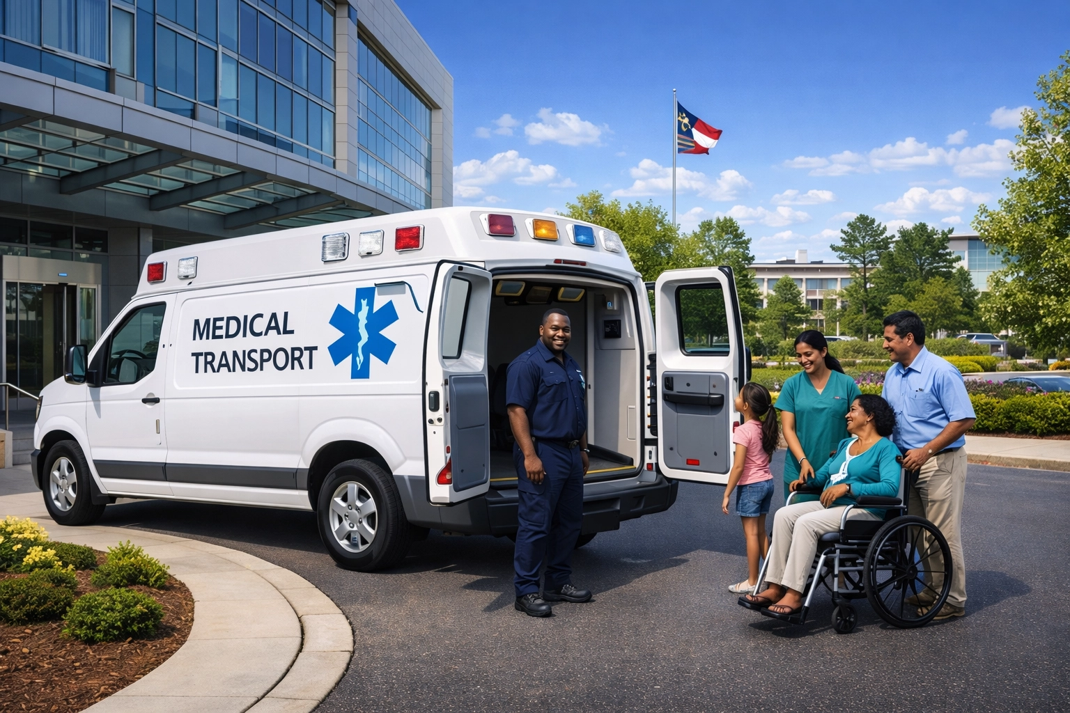Professional medical transport Durham NC vehicle parked at a modern Research Triangle healthcare facility.