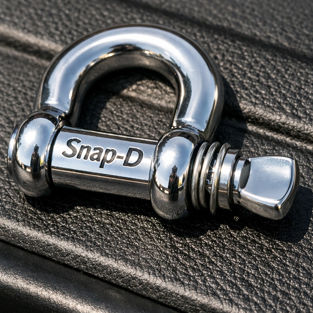 Snap-D 10mm stainless steel rated shackle with half-turn pin for 2T caravan towing safety.