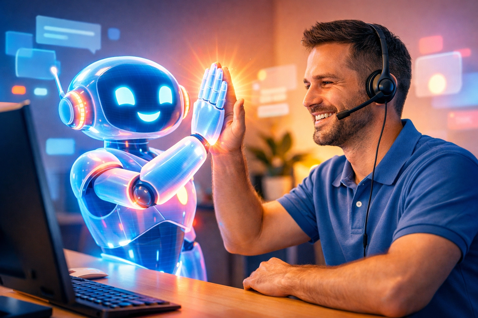 A human support agent and AI robot high-fiving, representing trusted customer service automation.