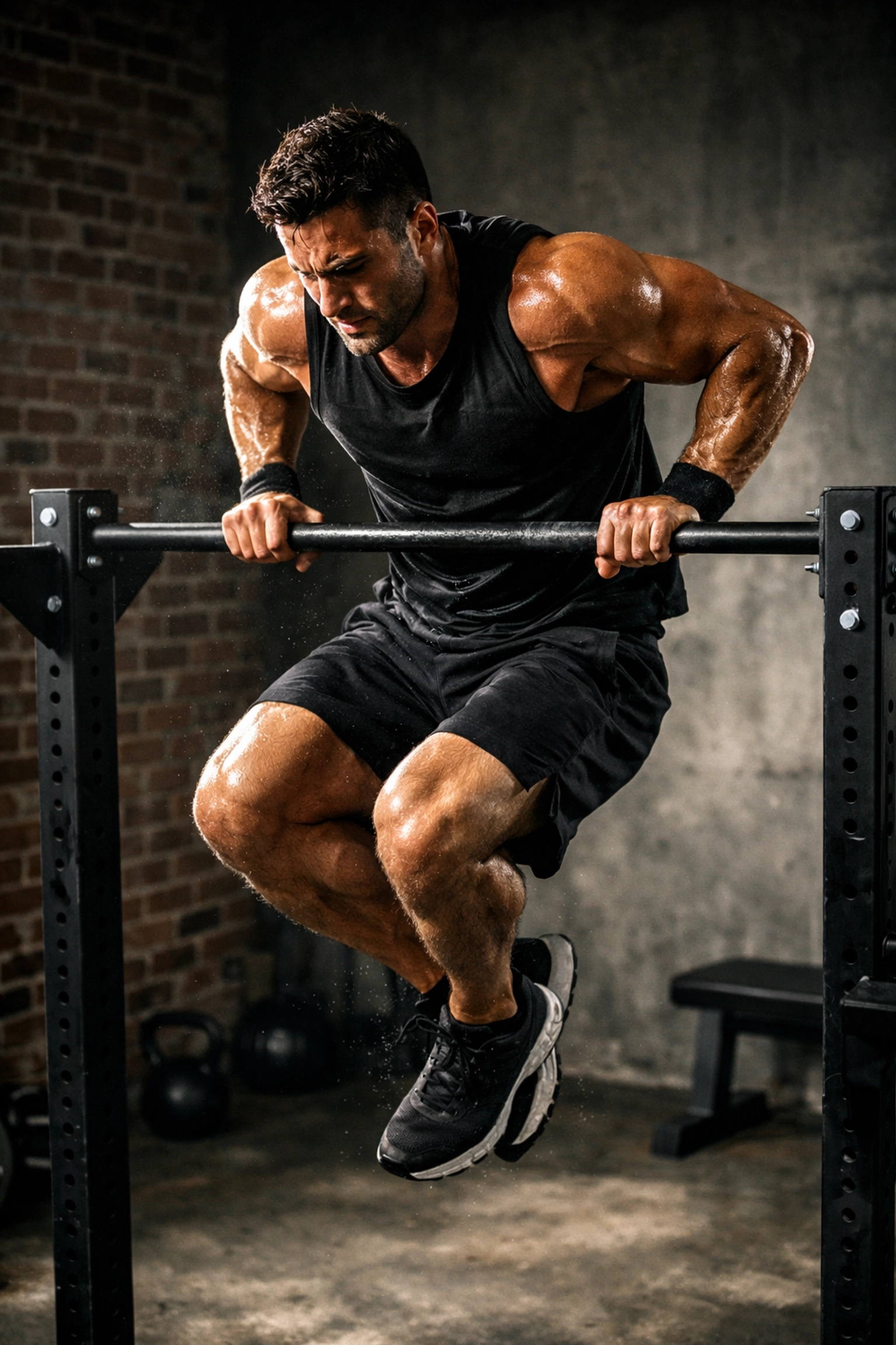 Explosive muscle-up demonstration showing advanced bodyweight resistance training at home