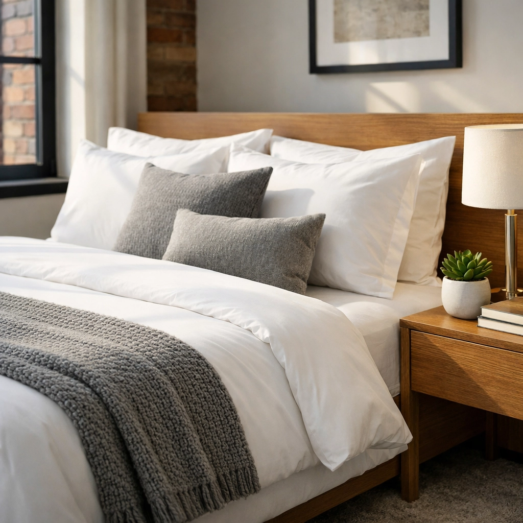 Luxury Detroit loft bedroom professionally cleaned and staged for new tenant arrival.