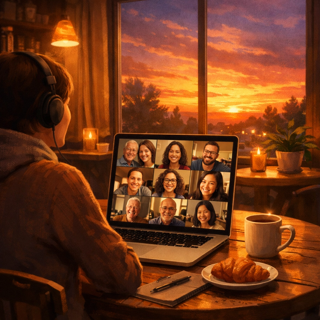 Person engaging in video call discipleship meeting at coffee shop with multiple participants