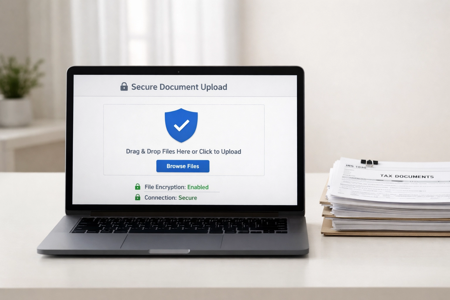 Laptop displaying secure client portal for virtual tax document uploads on modern desk