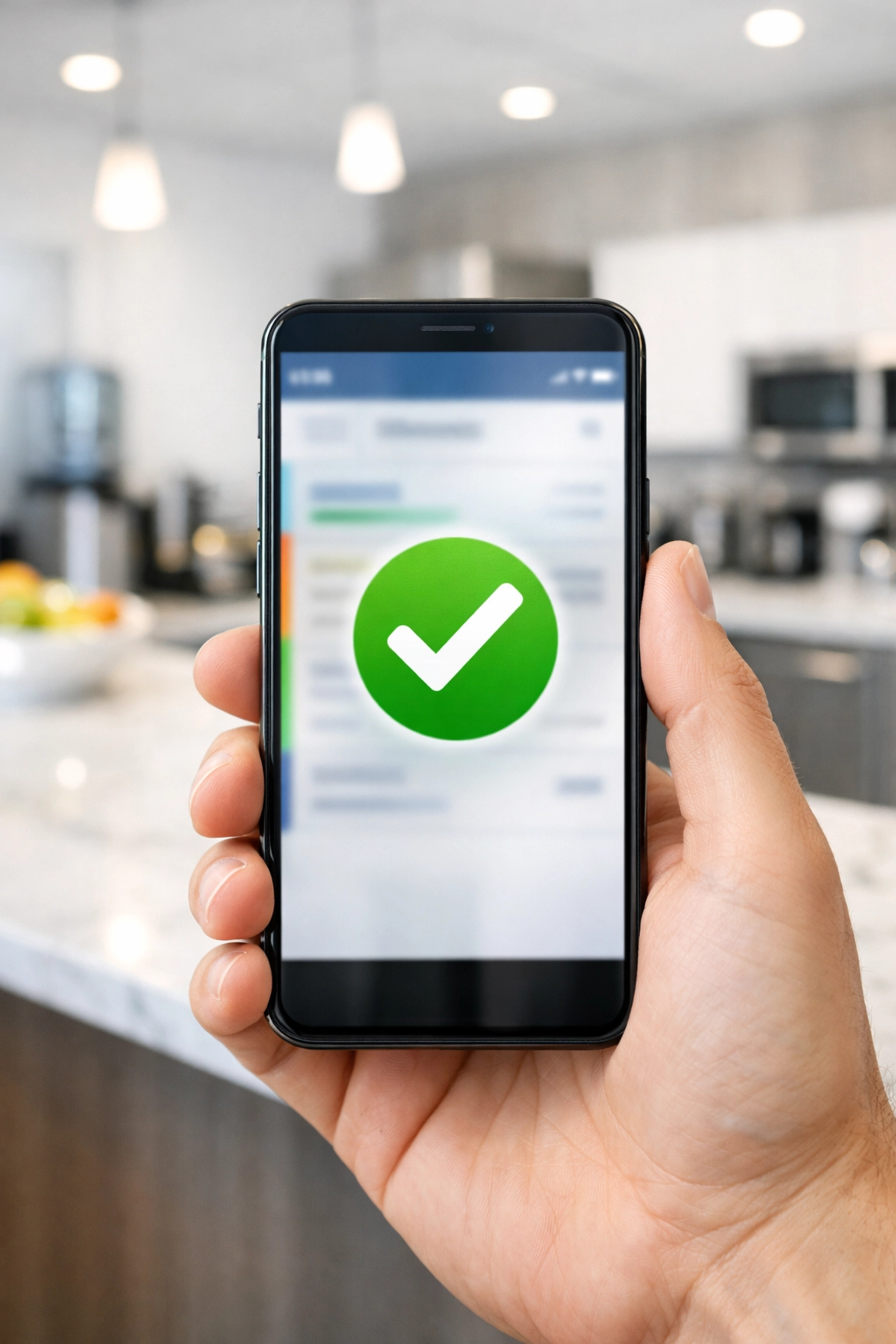 A smartphone showing a completed digital cleaning audit checkmark in a modern office breakroom.