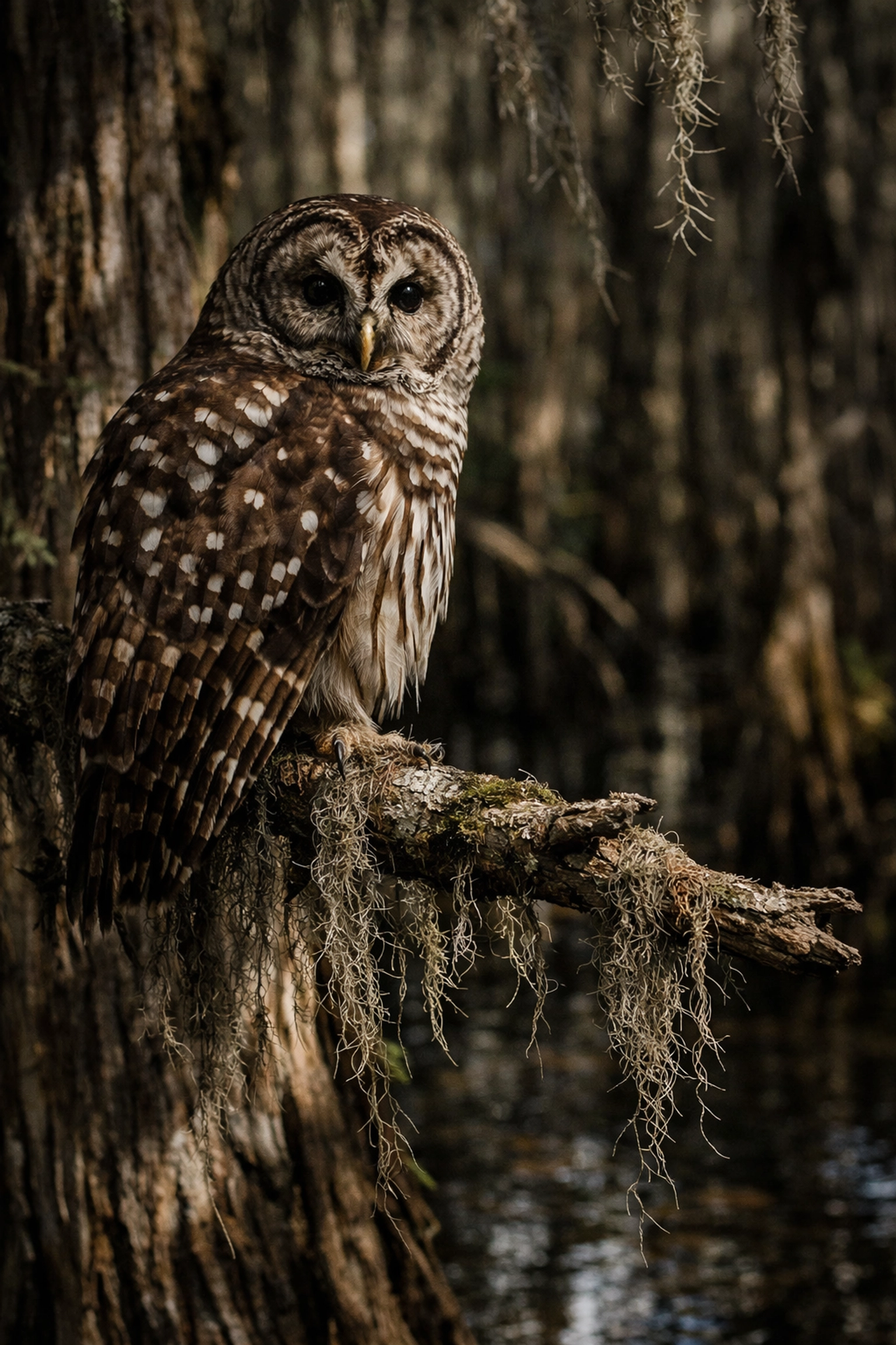 Moody fine art owl photography in the cypress domes of Big Cypress National Preserve.