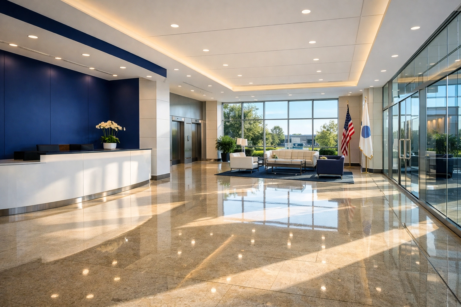 Spotless corporate office lobby in Winchendon, MA, showcasing expert commercial cleaning services.