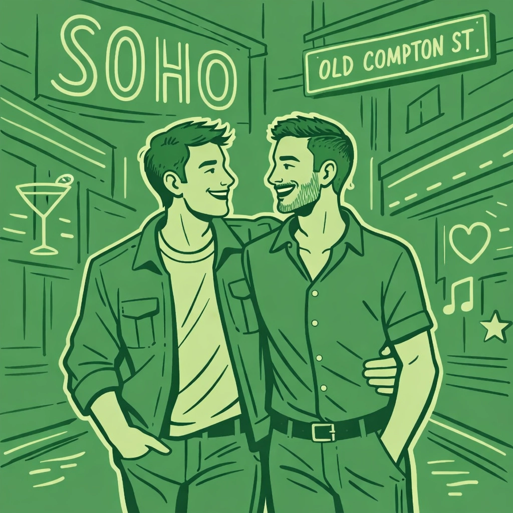 Happy male couple walking together down Old Compton Street in Soho, celebrating modern LGBTQ+ pride and nightlife.