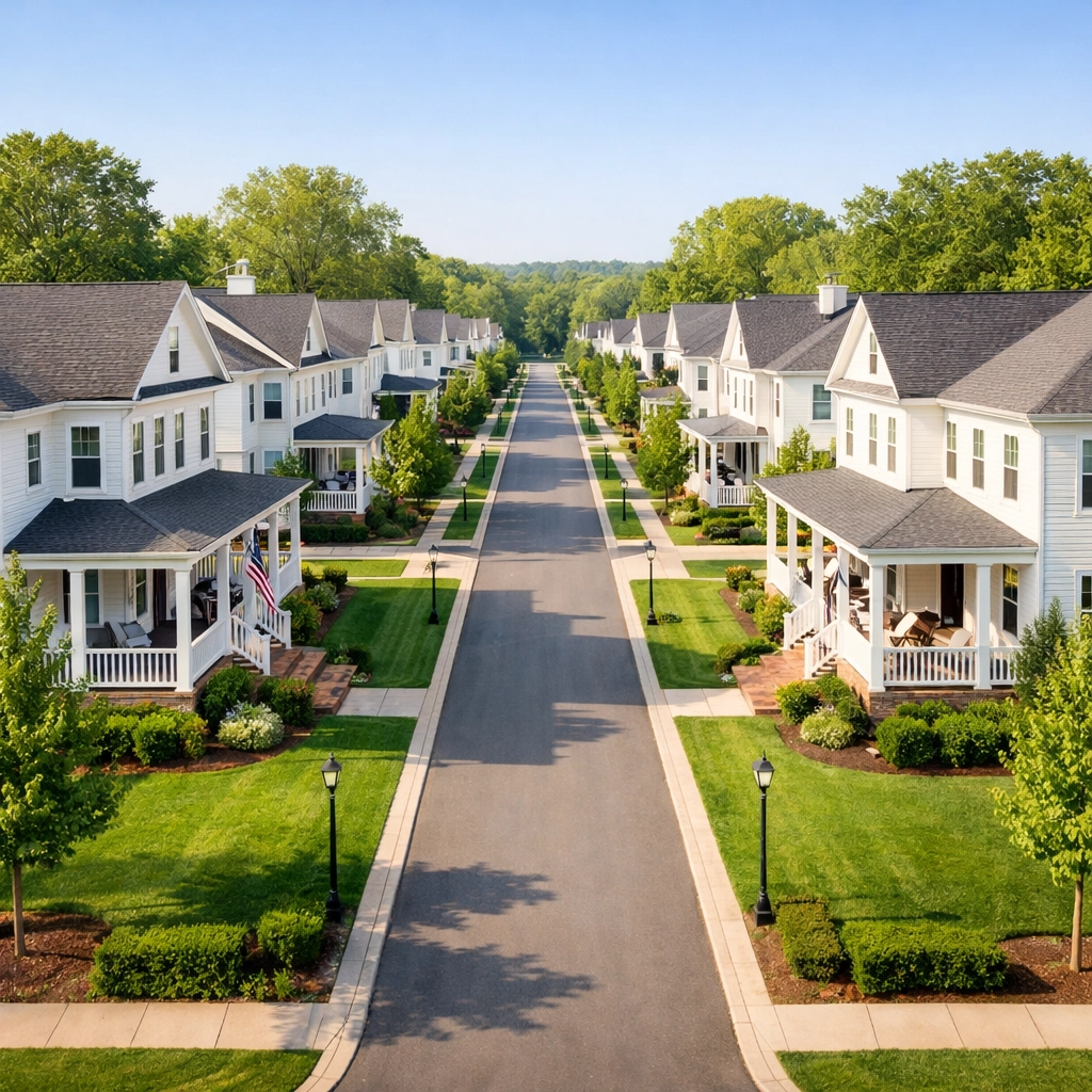 Modern Tennessee residential neighborhood featuring clean white homes and lush green lawns for real estate investors.