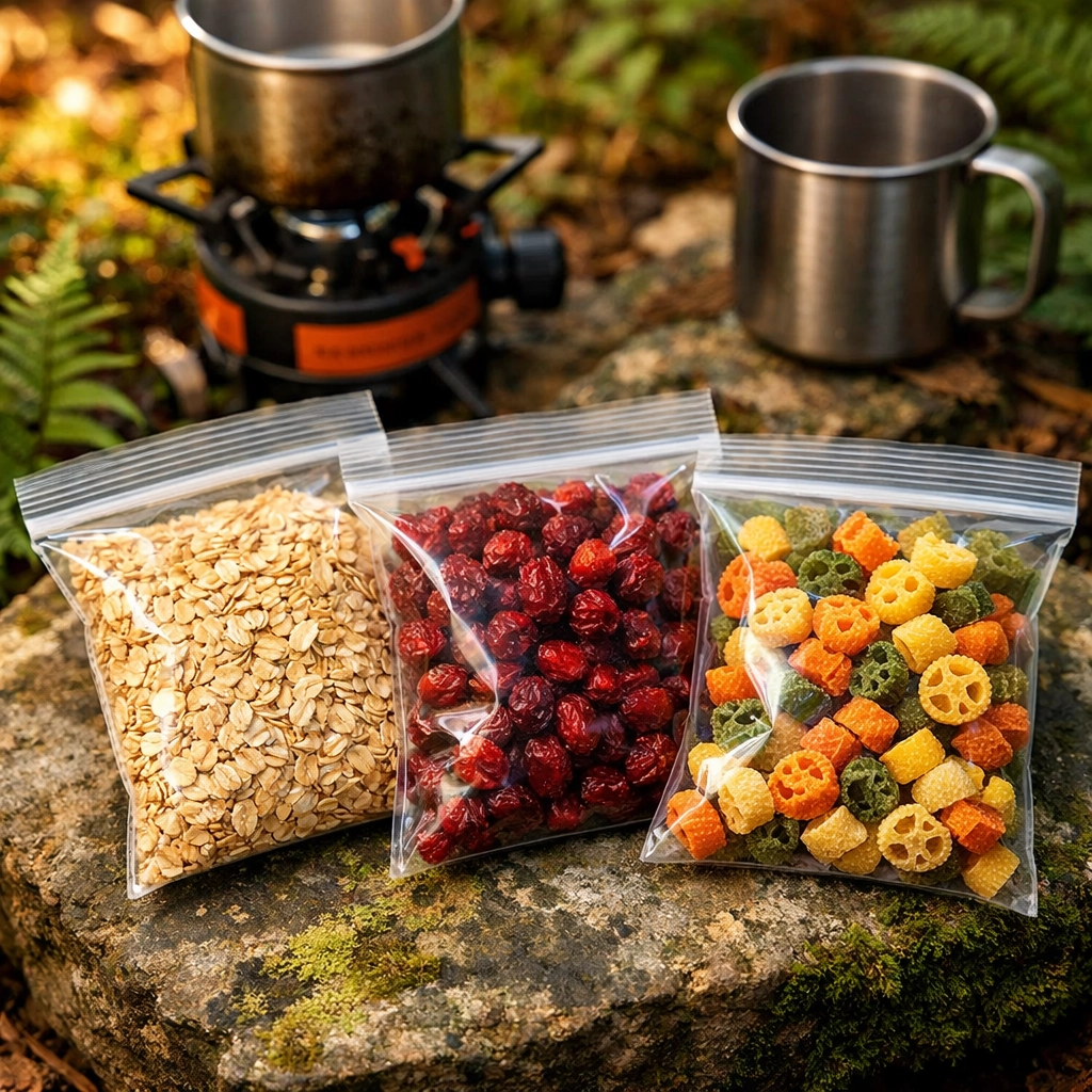 Clear ziplock bags used for lightweight food storage on a sustainable wild camping trip in the British countryside.