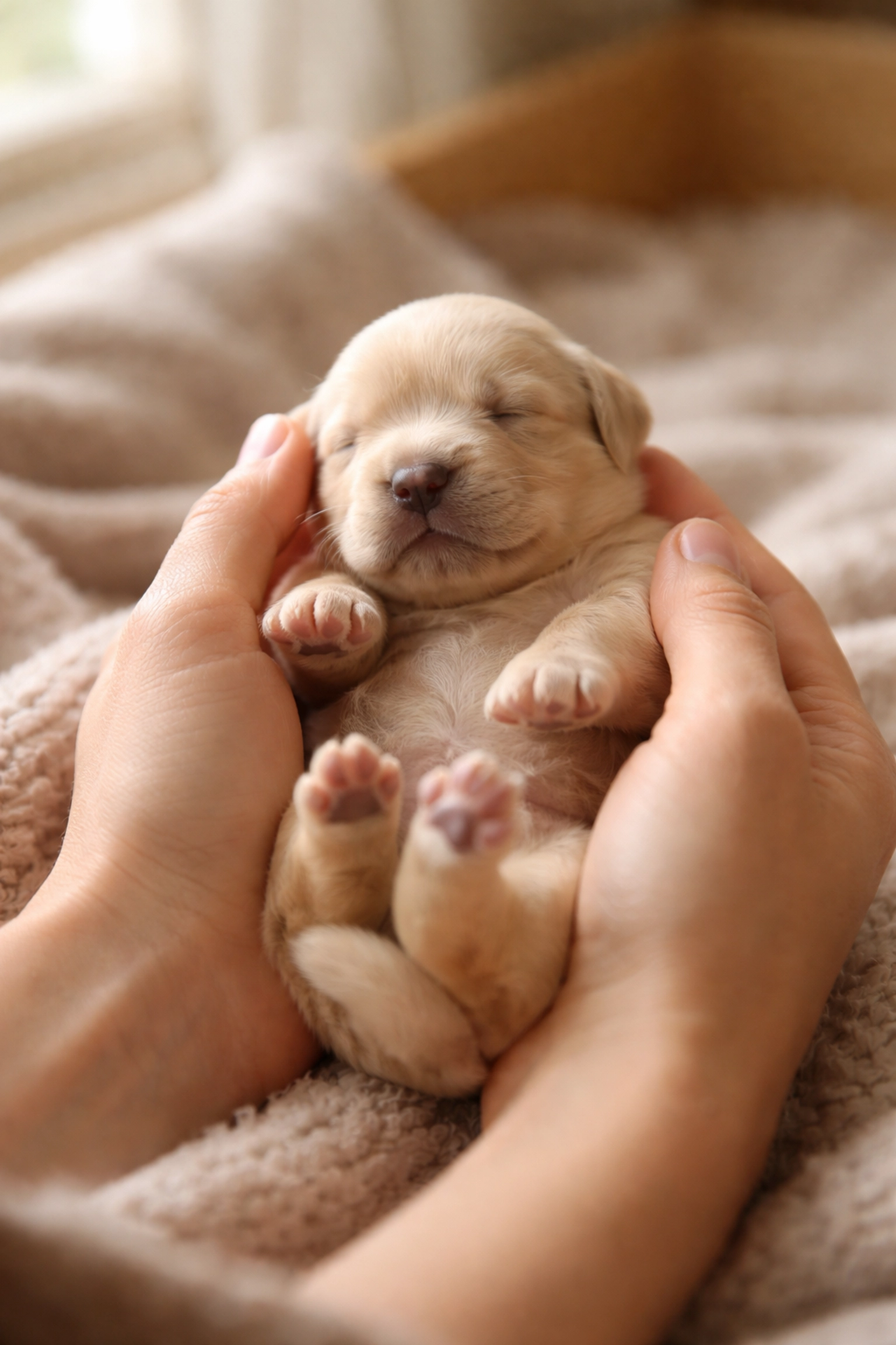 Breeder gently holding a newborn Golden Retriever during early neurological stimulation session