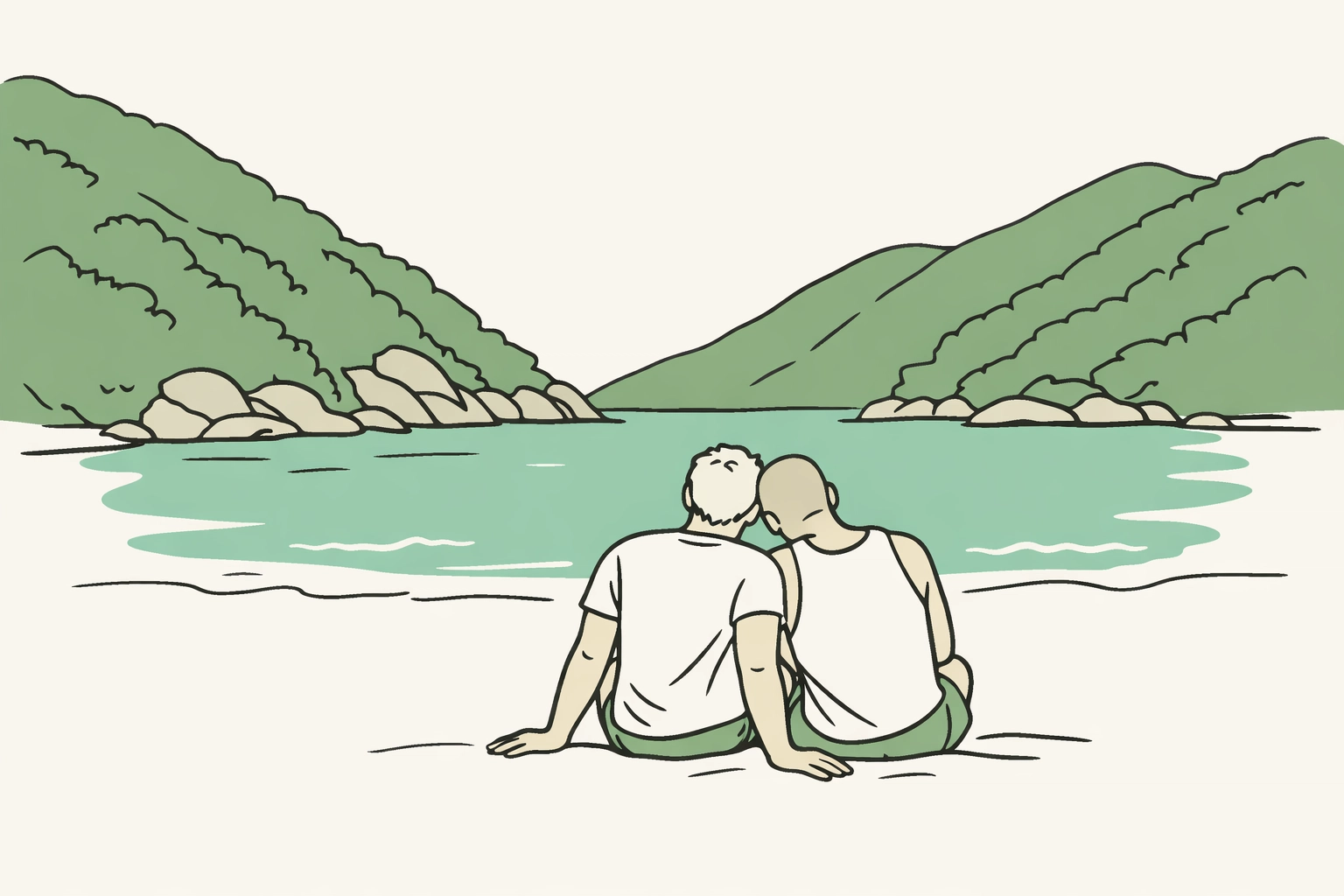 Gay couple relaxing together on Praia do Abricó beach surrounded by Grumari rainforest mountains