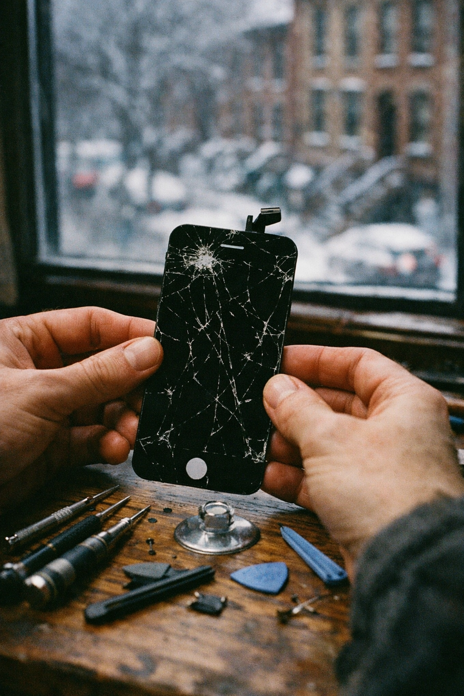 DIY iPhone screen repair kit with tools and cracked phone on table in Brooklyn